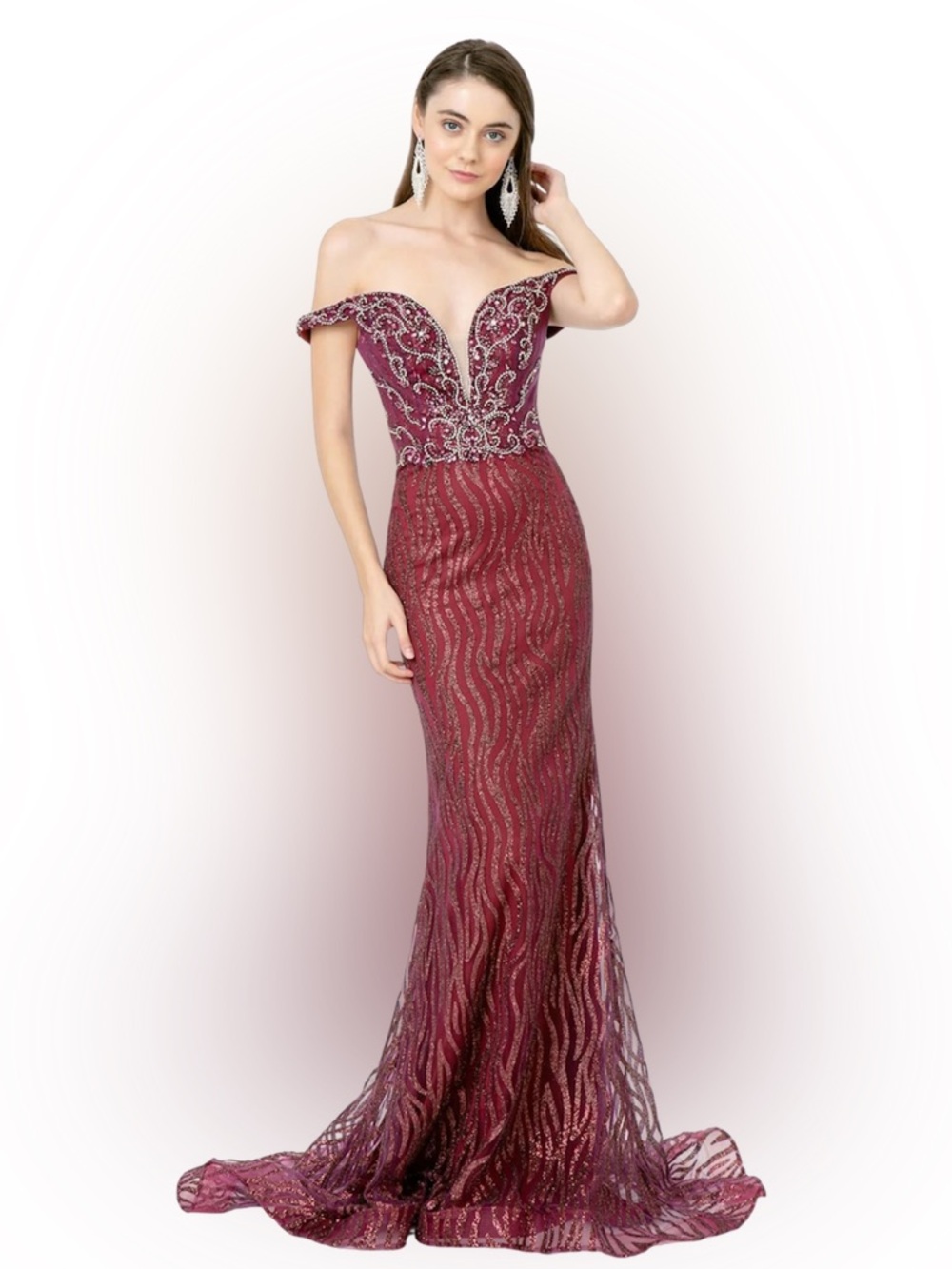 Burgundy Off-Shoulder Beaded Mermaid Gown